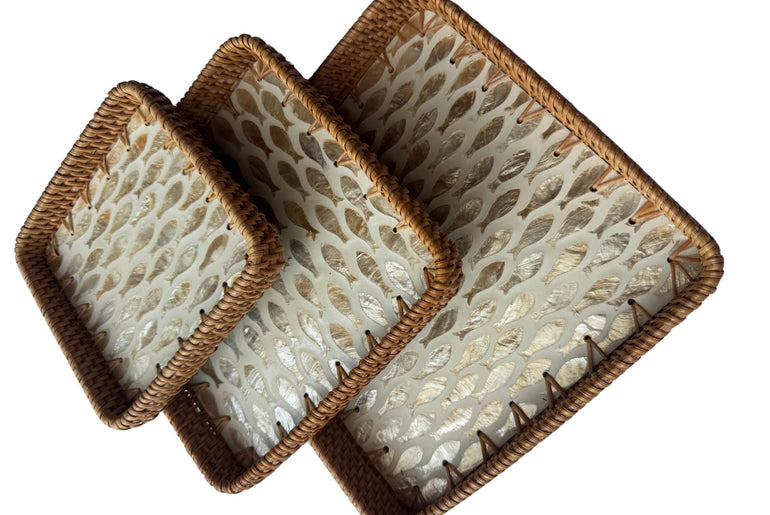Square Rattan Tray with Mother of Pearl Inlay Base, Handmade Woven Serving Tray, Boho Coastal Coffee Table Decor 159