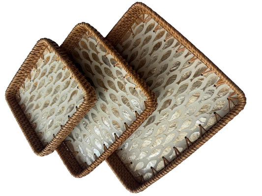 Square Rattan Tray with Mother of Pearl Inlay Base, Handmade Woven Serving Tray, Boho Coastal Coffee Table Decor 159
