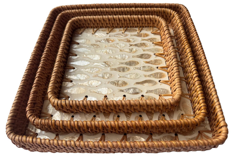 Square Rattan Tray with Mother of Pearl Inlay Base, Handmade Woven Serving Tray, Boho Coastal Coffee Table Decor 159