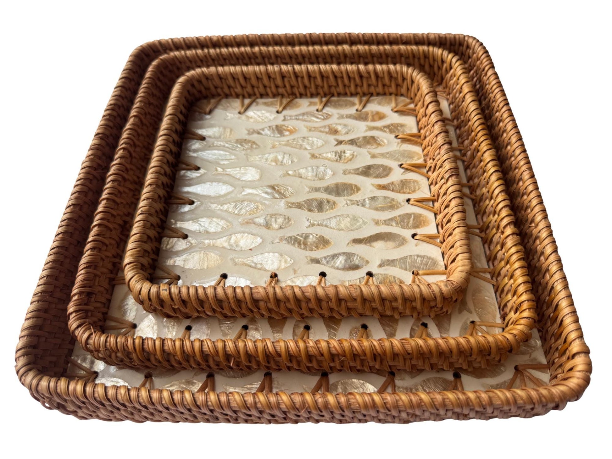 Square Rattan Tray with Mother of Pearl Inlay Base, Handmade Woven Serving Tray, Boho Coastal Coffee Table Decor 159