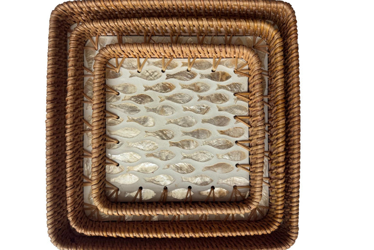 Square Rattan Tray with Mother of Pearl Inlay Base, Handmade Woven Serving Tray, Boho Coastal Coffee Table Decor 159