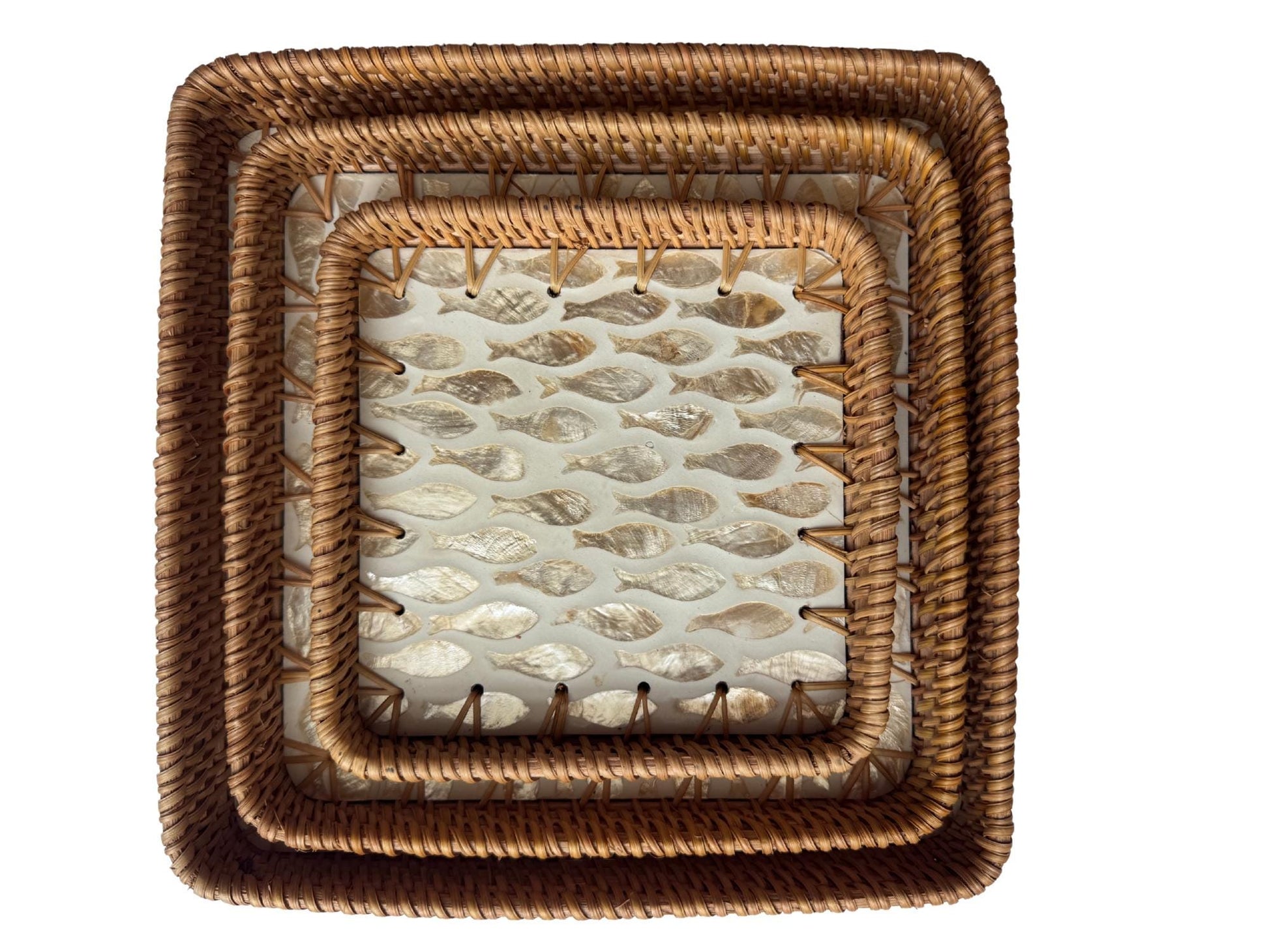 Square Rattan Tray with Mother of Pearl Inlay Base, Handmade Woven Serving Tray, Boho Coastal Coffee Table Decor 159
