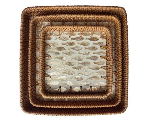 Square Rattan Tray with Mother of Pearl Inlay Base, Handmade Woven Serving Tray, Boho Coastal Coffee Table Decor 159