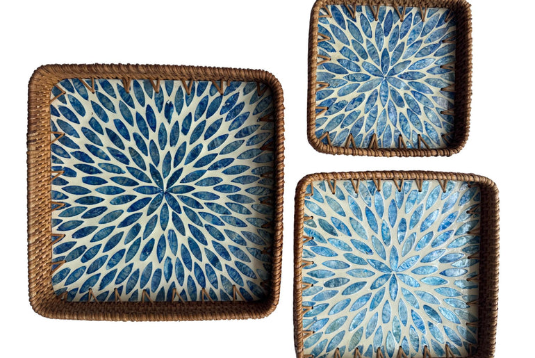 Square Rattan Tray with Mother of Pearl Inlay Base, Handmade Woven Serving Tray, Boho Coastal Coffee Table Decor 126