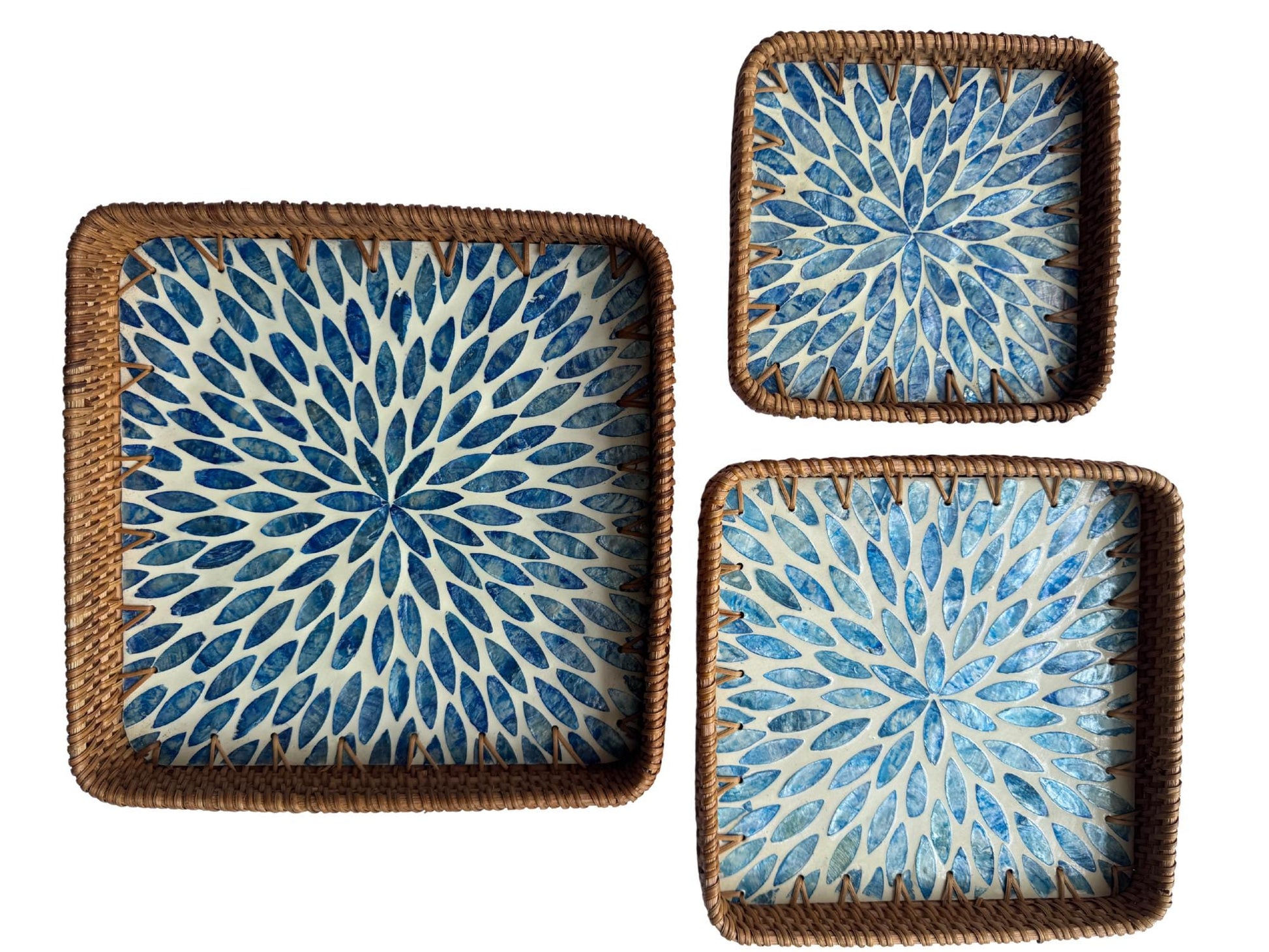 Square Rattan Tray with Mother of Pearl Inlay Base, Handmade Woven Serving Tray, Boho Coastal Coffee Table Decor 126