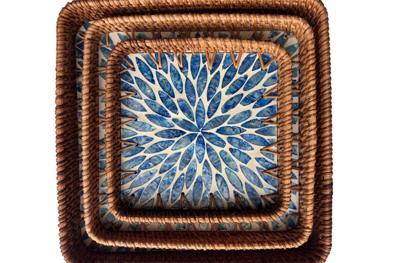 Square Rattan Tray with Mother of Pearl Inlay Base, Handmade Woven Serving Tray, Boho Coastal Coffee Table Decor