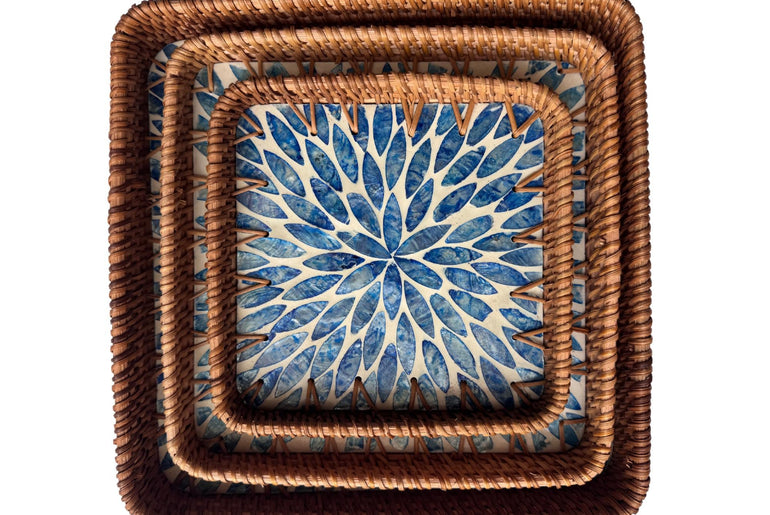 Square Rattan Tray with Mother of Pearl Inlay Base, Handmade Woven Serving Tray, Boho Coastal Coffee Table Decor 126