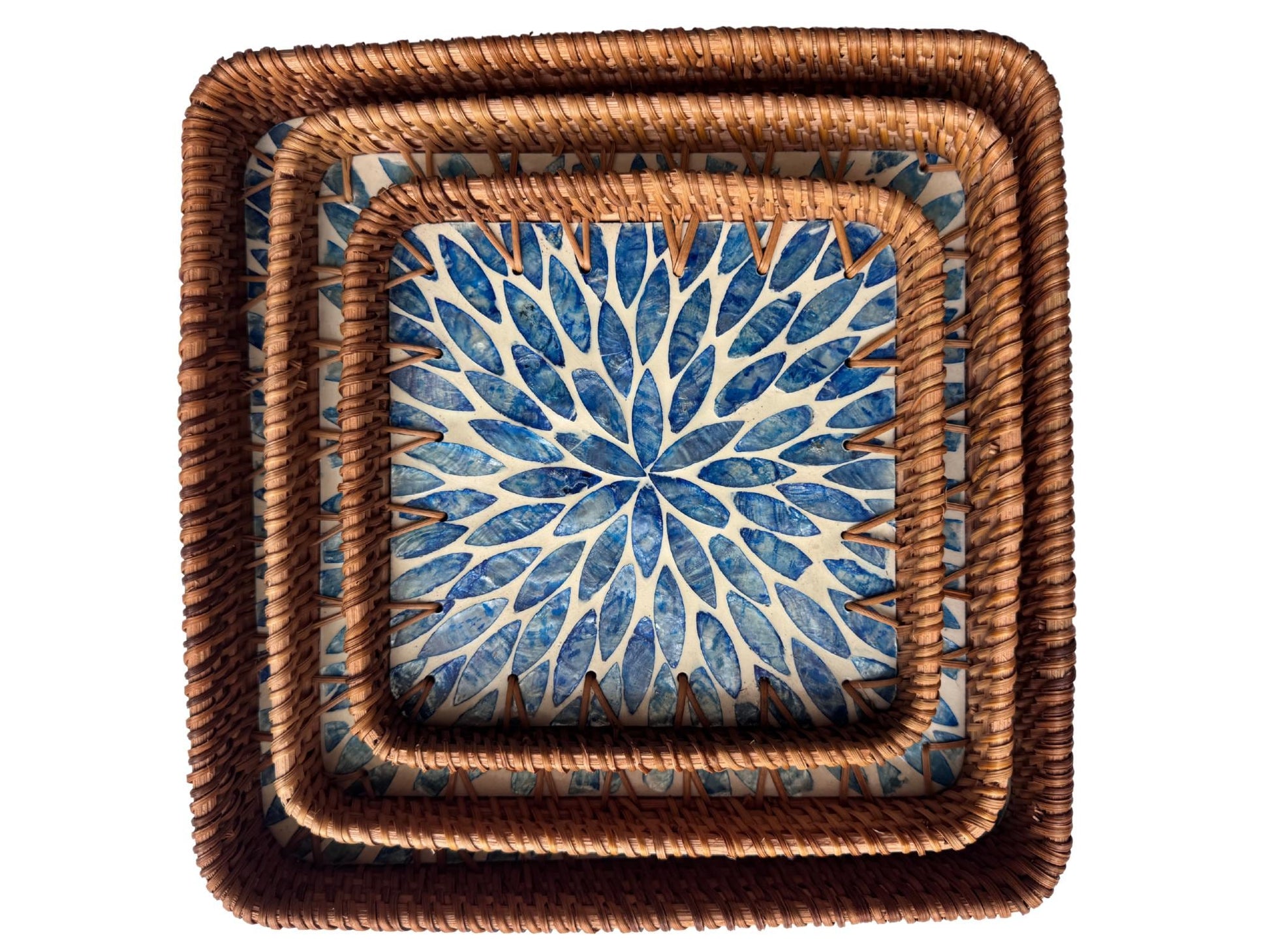 Square Rattan Tray with Mother of Pearl Inlay Base, Handmade Woven Serving Tray, Boho Coastal Coffee Table Decor 126