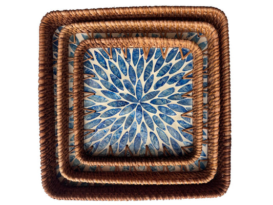 Square Rattan Tray with Mother of Pearl Inlay Base, Handmade Woven Serving Tray, Boho Coastal Coffee Table Decor 126