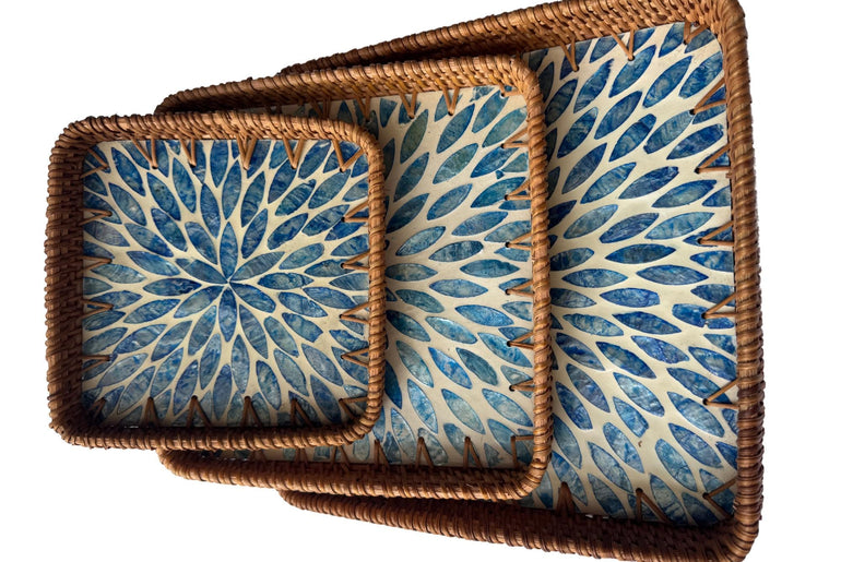 Square Rattan Tray with Mother of Pearl Inlay Base, Handmade Woven Serving Tray, Boho Coastal Coffee Table Decor 126