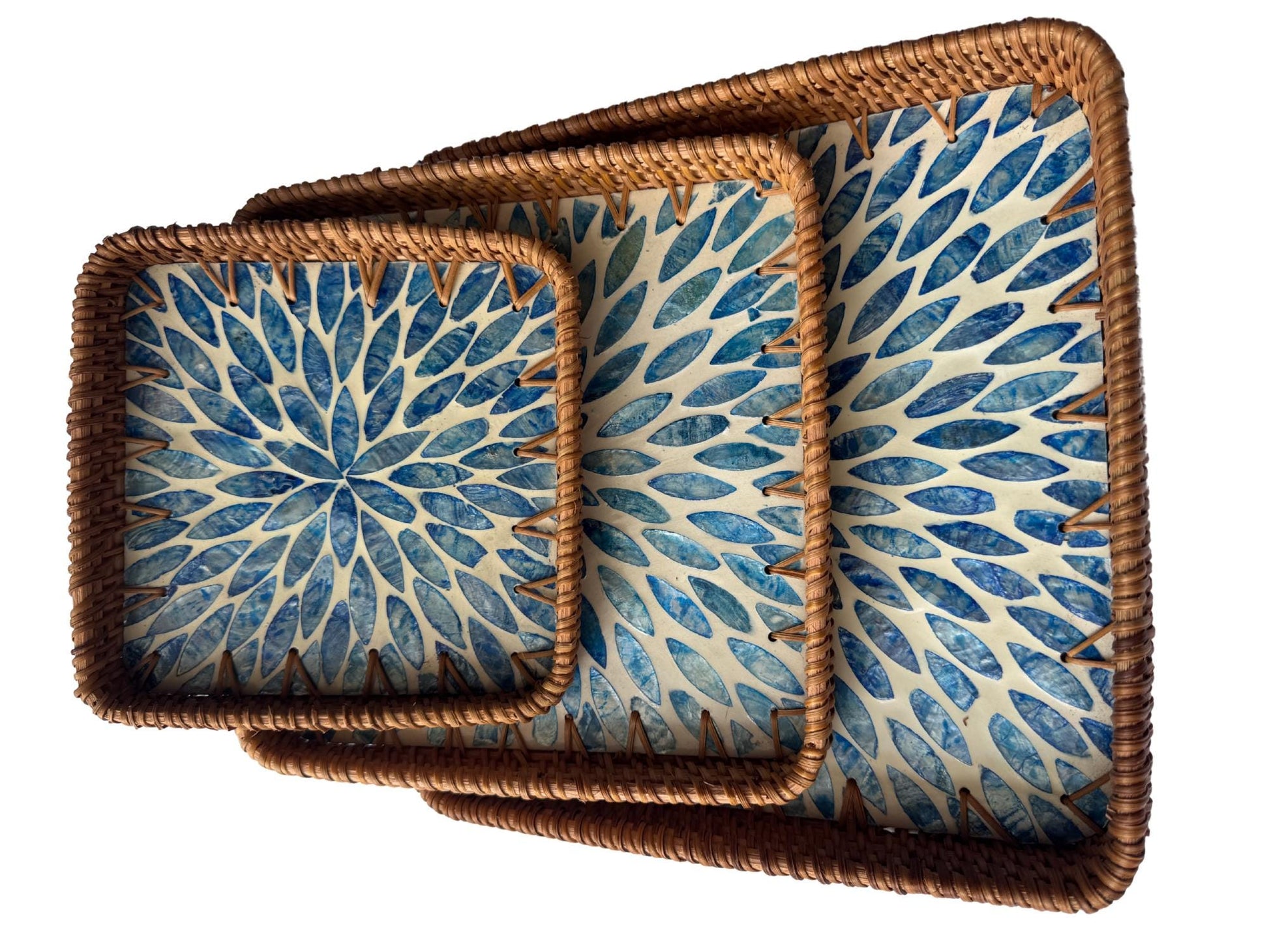 Square Rattan Tray with Mother of Pearl Inlay Base, Handmade Woven Serving Tray, Boho Coastal Coffee Table Decor 126