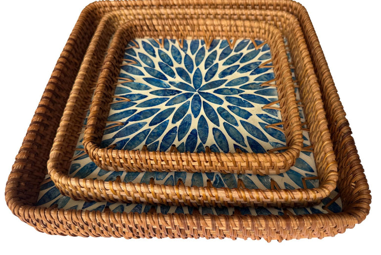 Square Rattan Tray with Mother of Pearl Inlay Base, Handmade Woven Serving Tray, Boho Coastal Coffee Table Decor 126