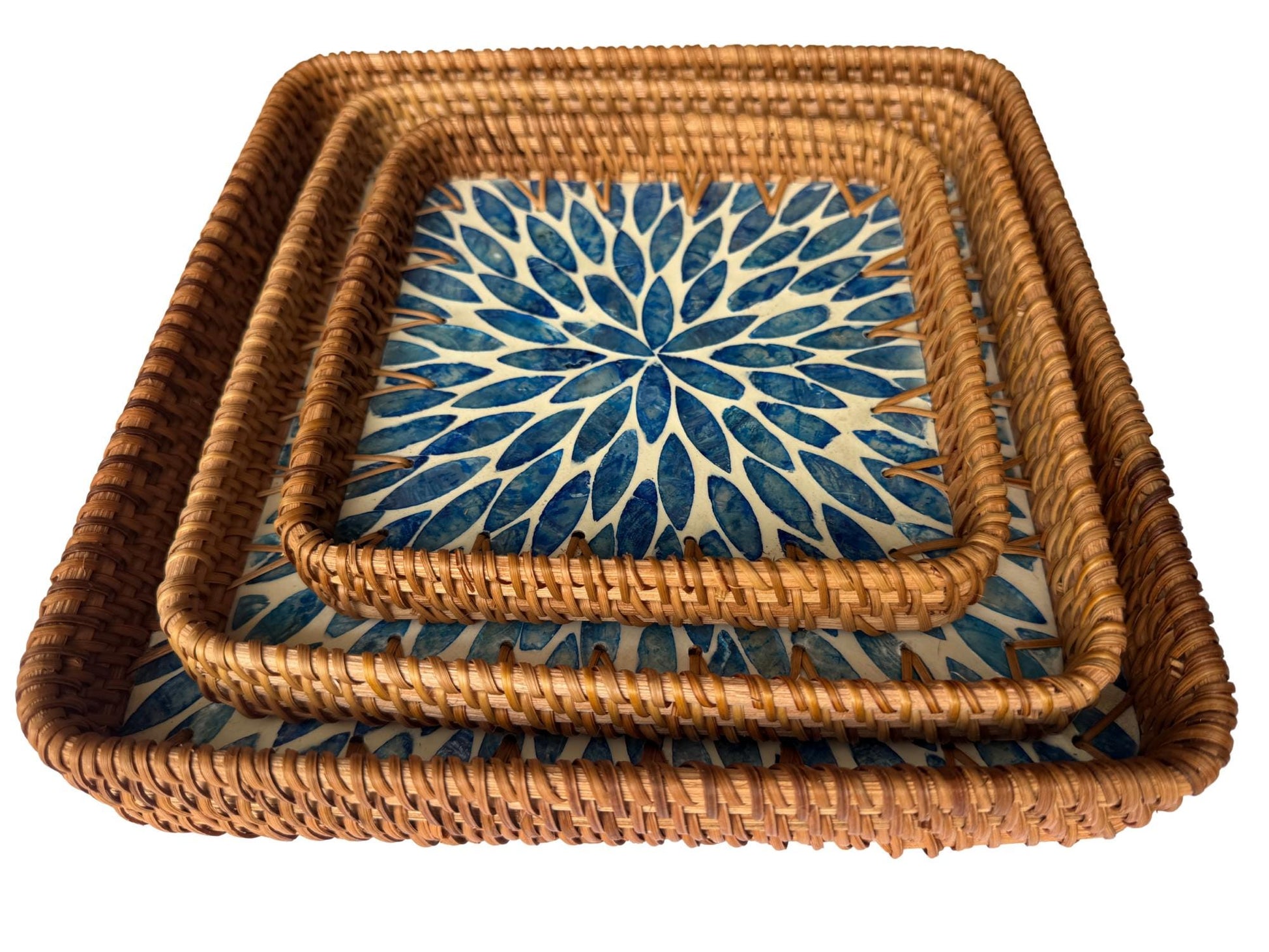 Square Rattan Tray with Mother of Pearl Inlay Base, Handmade Woven Serving Tray, Boho Coastal Coffee Table Decor 126