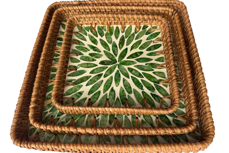 Square Rattan Tray with Mother of Pearl Inlay Base, Handmade Woven Serving Tray, Boho Coastal Coffee Table Decor 123