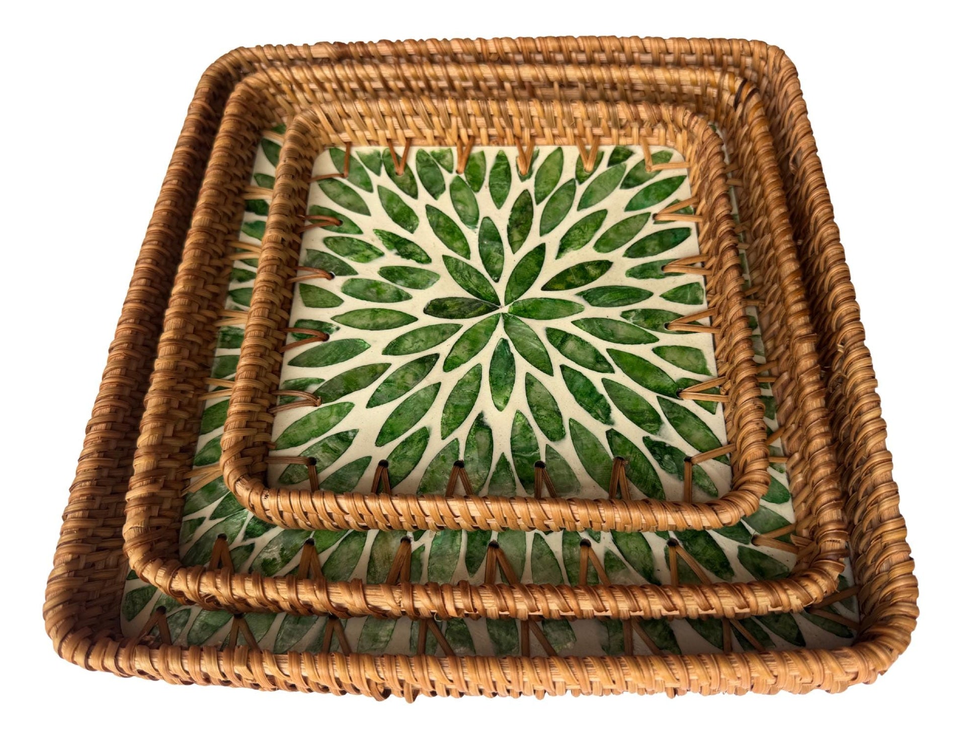 Square Rattan Tray with Mother of Pearl Inlay Base, Handmade Woven Serving Tray, Boho Coastal Coffee Table Decor 123