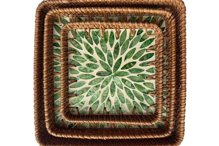 Square Rattan Tray with Mother of Pearl Inlay Base, Handmade Woven Serving Tray, Boho Coastal Coffee Table Decor 123