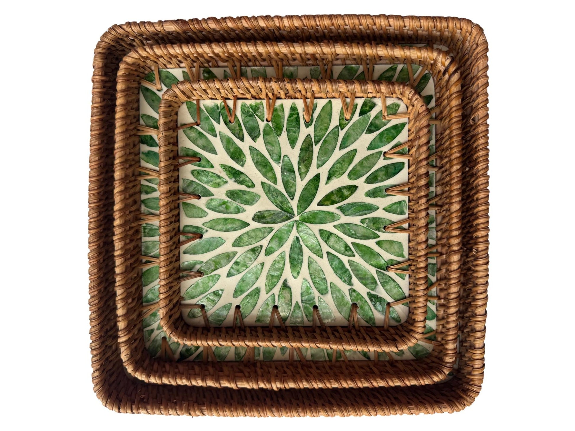 Square Rattan Tray with Mother of Pearl Inlay Base, Handmade Woven Serving Tray, Boho Coastal Coffee Table Decor 123