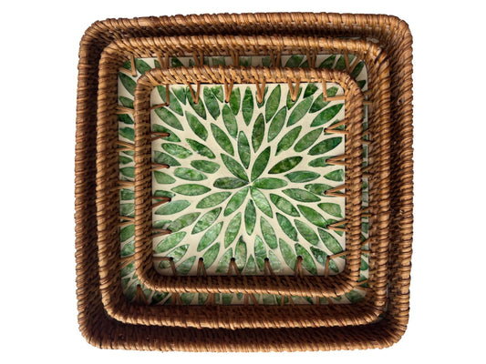Square Rattan Tray with Mother of Pearl Inlay Base, Handmade Woven Serving Tray, Boho Coastal Coffee Table Decor 123