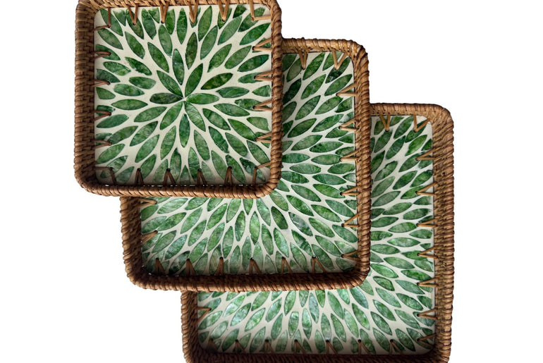 Square Rattan Tray with Mother of Pearl Inlay Base, Handmade Woven Serving Tray, Boho Coastal Coffee Table Decor 123