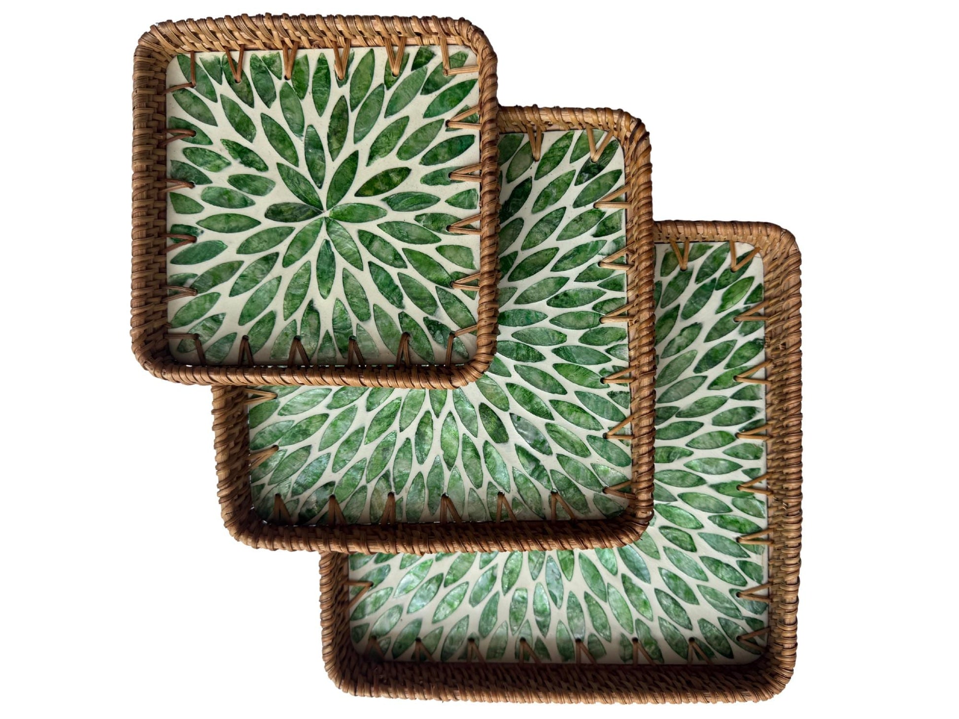Square Rattan Tray with Mother of Pearl Inlay Base, Handmade Woven Serving Tray, Boho Coastal Coffee Table Decor 123