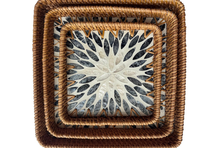 Square Rattan Tray with Mother of Pearl Inlay Base, Handmade Woven Serving Tray, Boho Coastal Coffee Table Decor