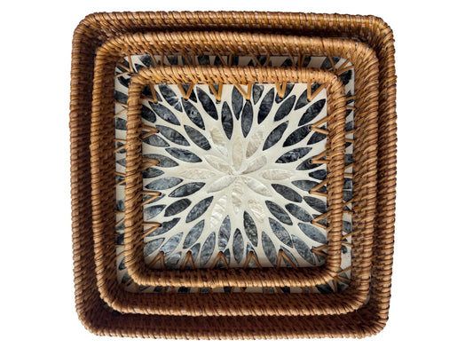 Square Rattan Tray with Mother of Pearl Inlay Base, Handmade Woven Serving Tray, Boho Coastal Coffee Table Decor