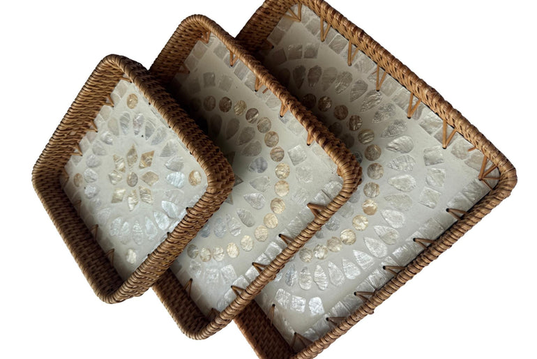 Square Rattan Tray with Mother of Pearl Inlay Base, Handmade Woven Serving Tray, Boho Coastal Coffee Table Decor 104