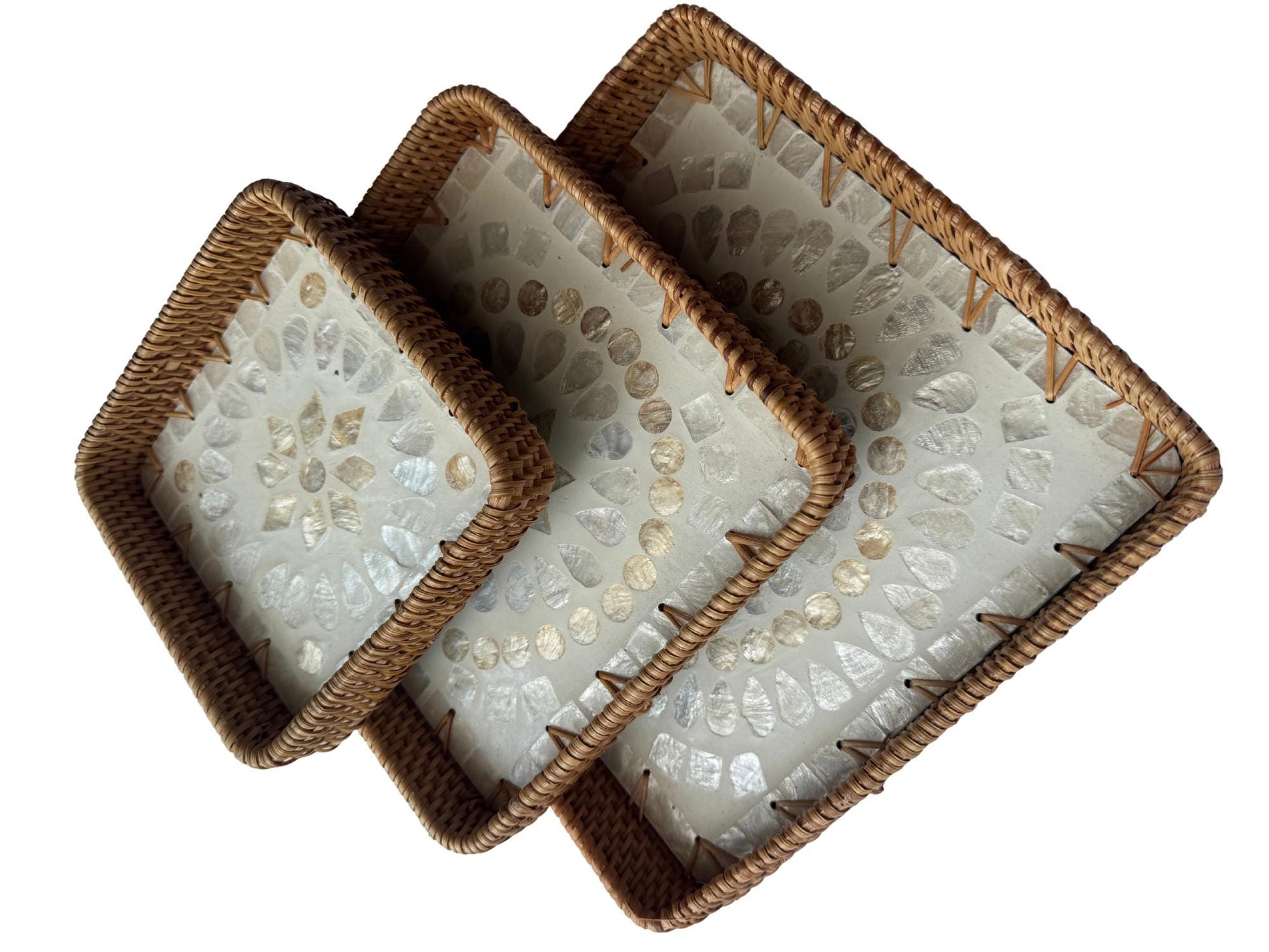 Square Rattan Tray with Mother of Pearl Inlay Base, Handmade Woven Serving Tray, Boho Coastal Coffee Table Decor 104