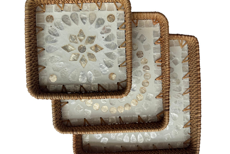 Square Rattan Tray with Mother of Pearl Inlay Base, Handmade Woven Serving Tray, Boho Coastal Coffee Table Decor 104