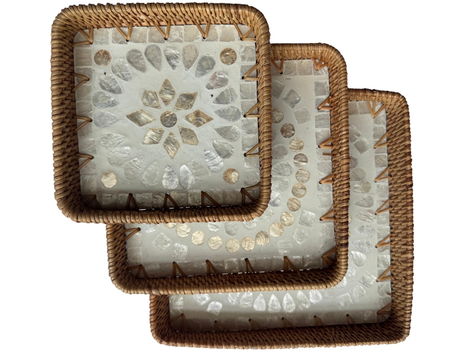 Square Rattan Tray with Mother of Pearl Inlay Base, Handmade Woven Serving Tray, Boho Coastal Coffee Table Decor 104