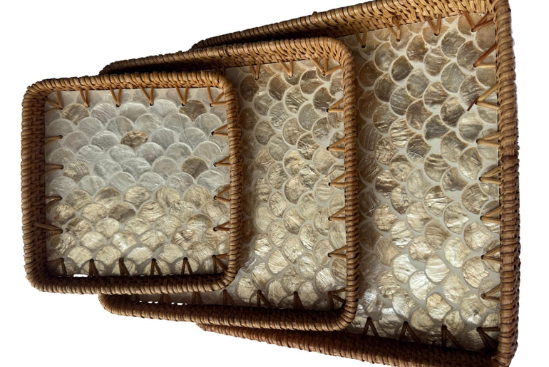 Square Rattan Tray with Mother of Pearl Inlay Base, Handmade Woven Serving Tray, Boho Coastal Coffee Table Decor 125