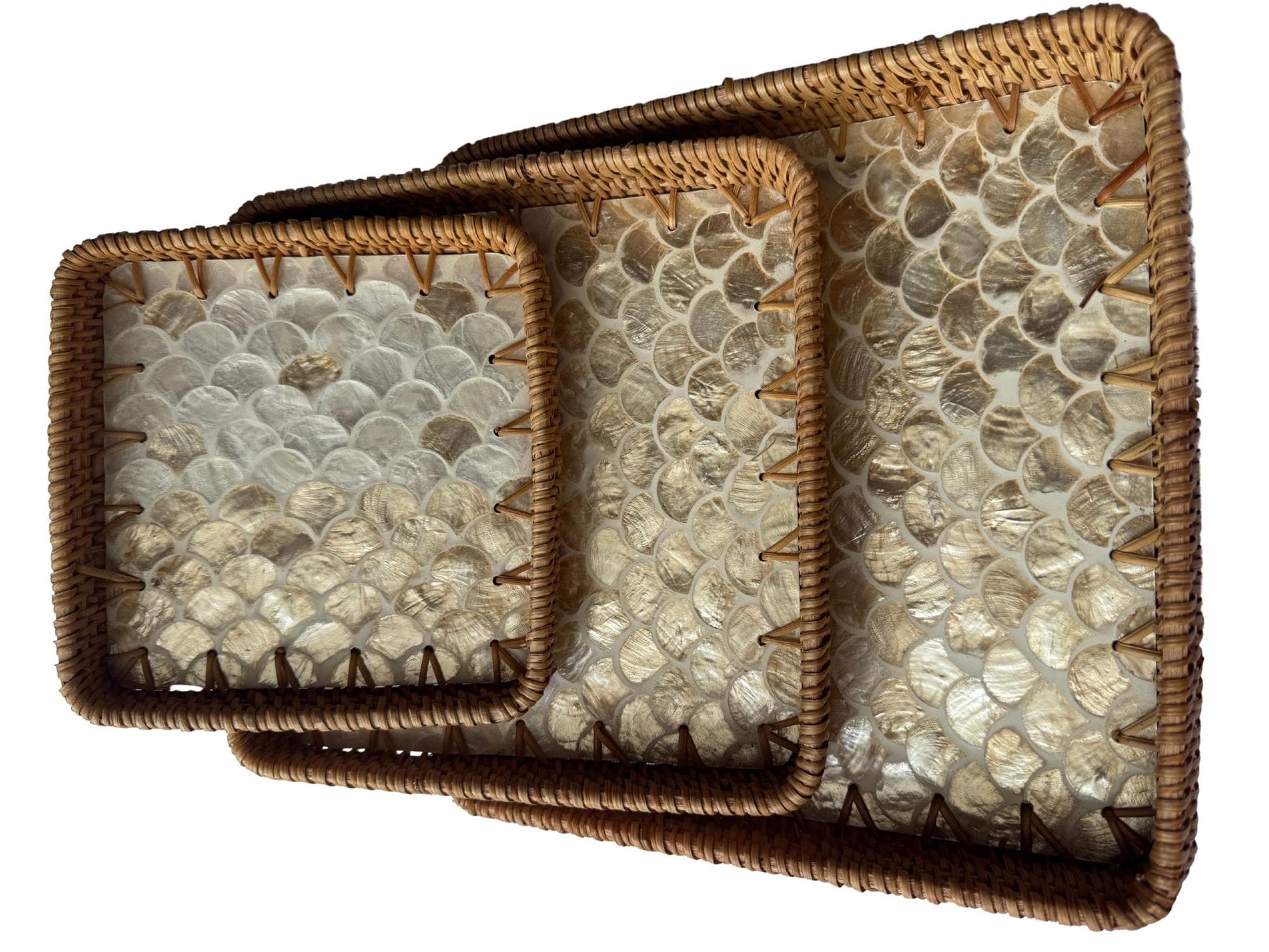 Square Rattan Tray with Mother of Pearl Inlay Base, Handmade Woven Serving Tray, Boho Coastal Coffee Table Decor 125