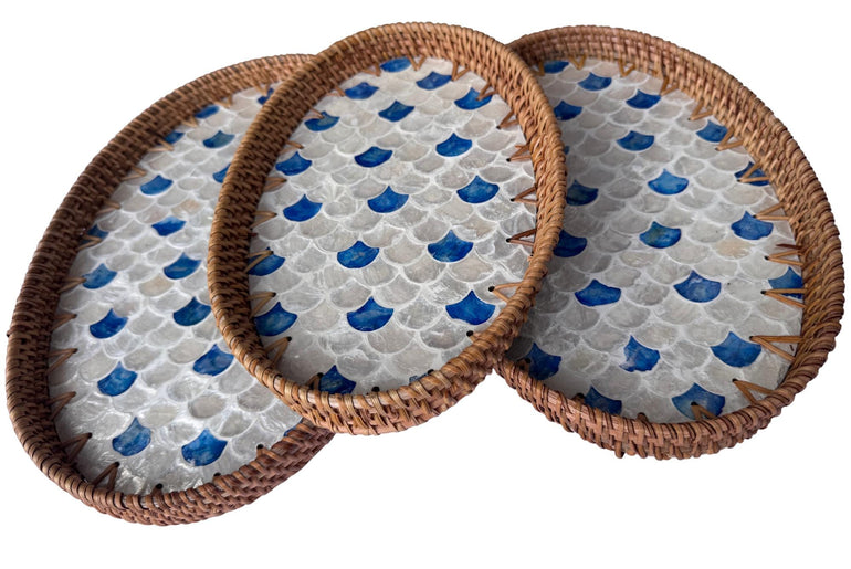 Oval Rattan Tray with Mother of Pearl Inlay - Boho Coffee Table, Ottoman Styling, Serving 119