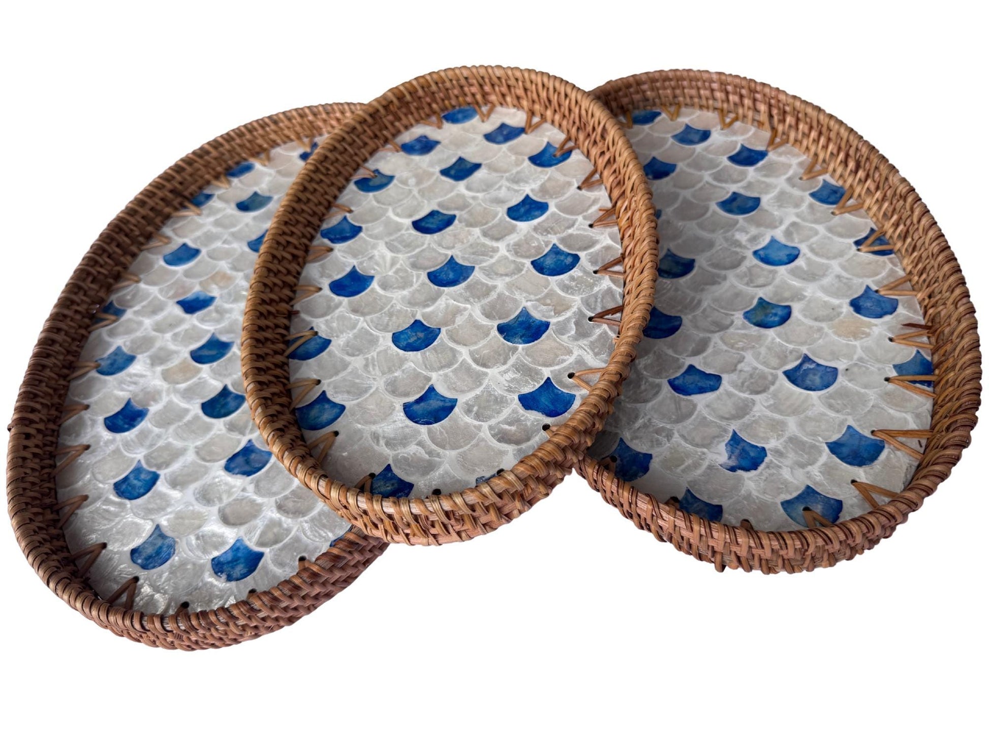 Oval Rattan Tray with Mother of Pearl Inlay - Boho Coffee Table, Ottoman Styling, Serving 119