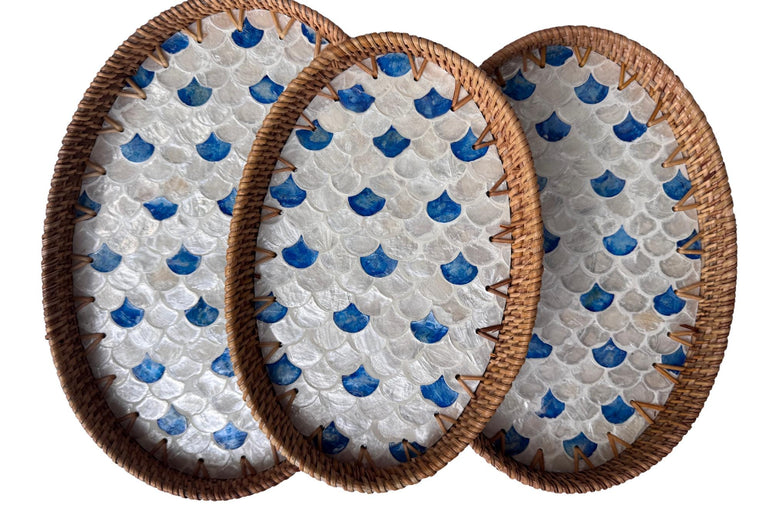Oval Rattan Tray with Mother of Pearl Inlay - Boho Coffee Table, Ottoman Styling, Serving 119