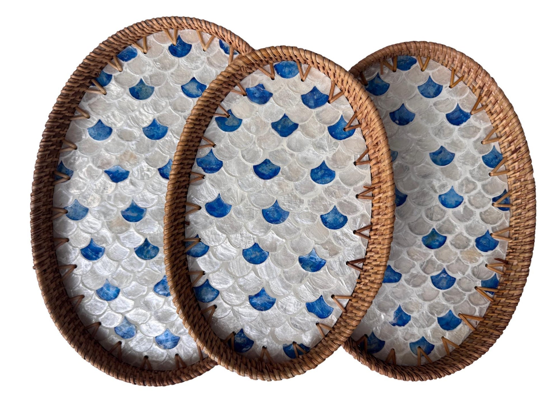 Oval Rattan Tray with Mother of Pearl Inlay - Boho Coffee Table, Ottoman Styling, Serving 119