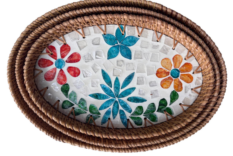 Oval Rattan Tray with Mother of Pearl Inlay - Boho Coffee Table Ottoman Styling Serving 122
