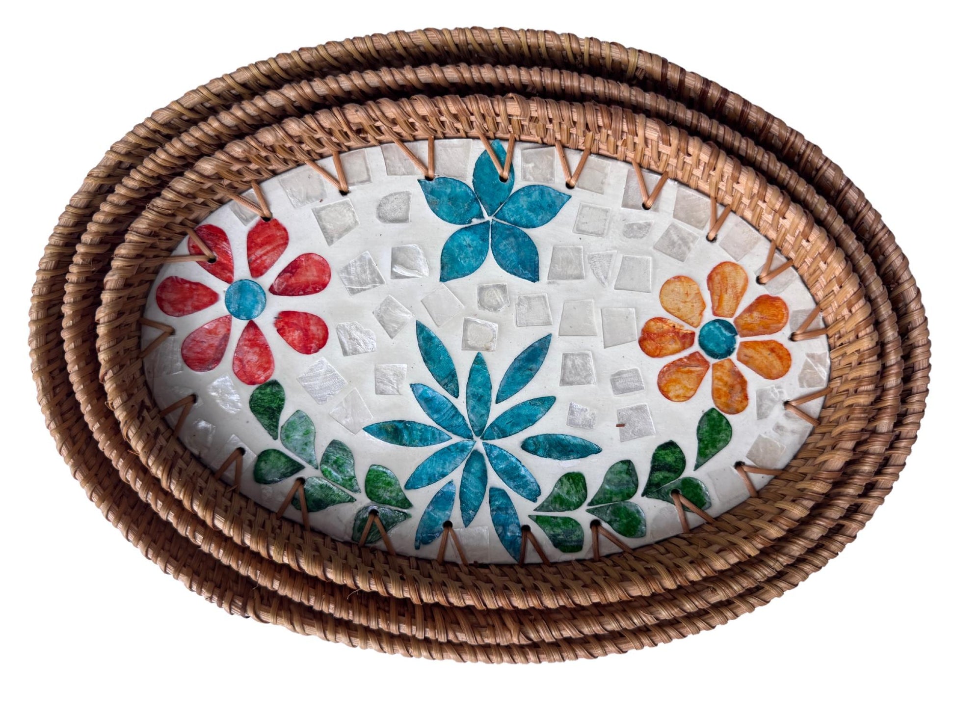Oval Rattan Tray with Mother of Pearl Inlay - Boho Coffee Table Ottoman Styling Serving 122