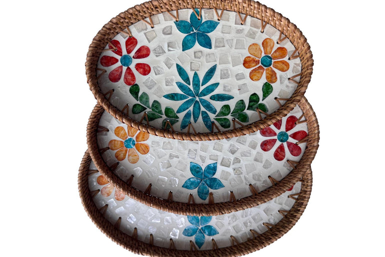 Oval Rattan Tray with Mother of Pearl Inlay - Boho Coffee Table, Ottoman Styling, Serving 100