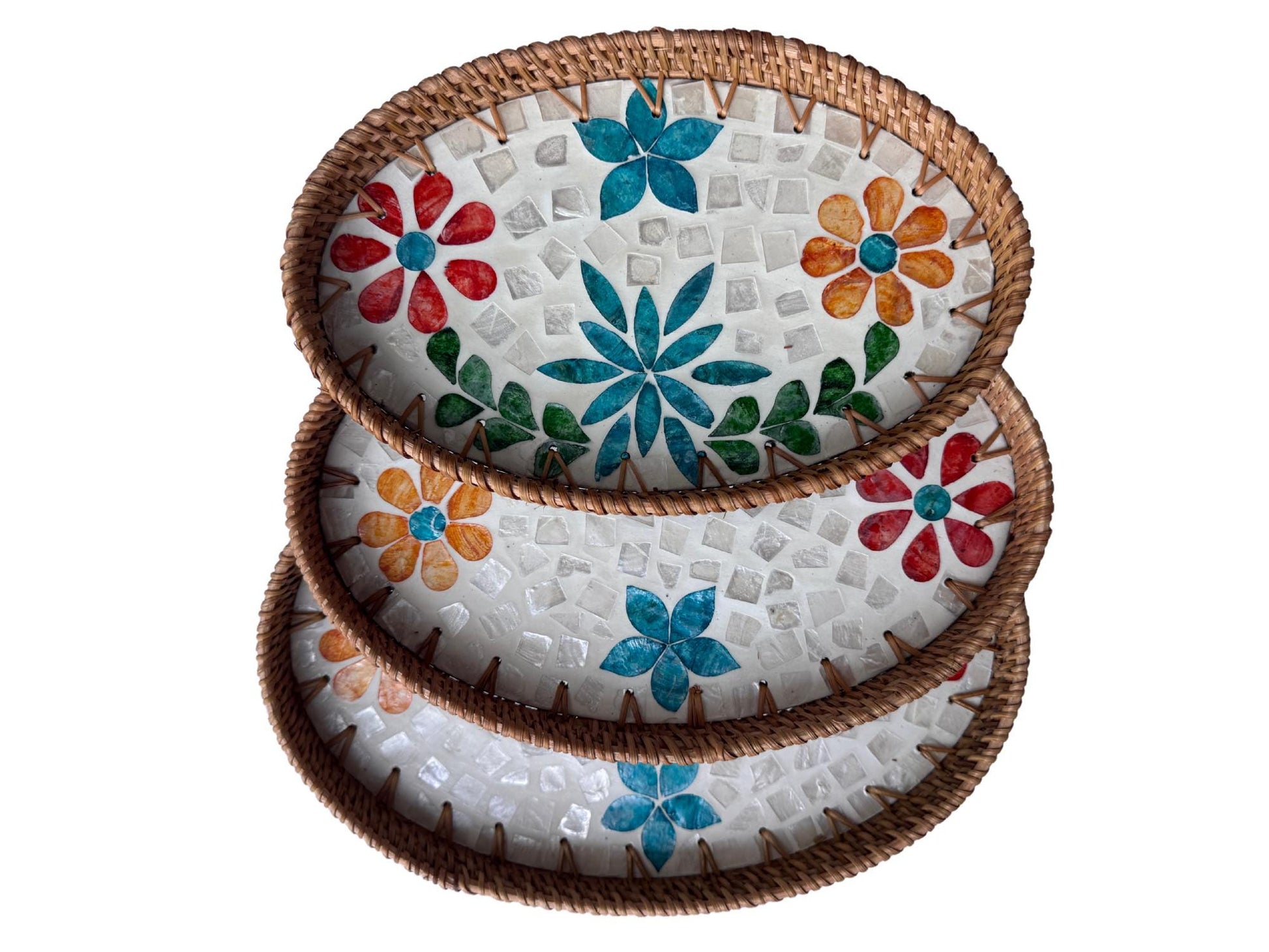 Oval Rattan Tray with Mother of Pearl Inlay - Boho Coffee Table Ottoman Styling Serving 122
