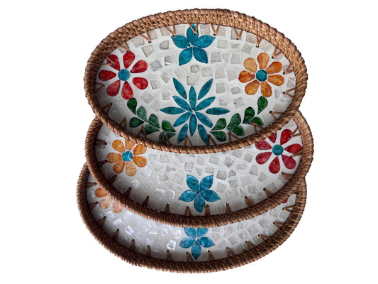 Oval Rattan Tray with Mother of Pearl Inlay - Boho Coffee Table Ottoman Styling Serving 122