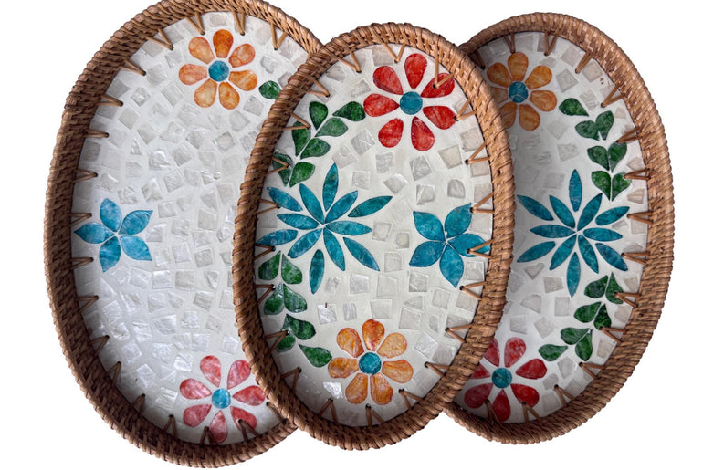 Oval Rattan Tray with Mother of Pearl Inlay - Boho Coffee Table, Ottoman Styling, Serving 100
