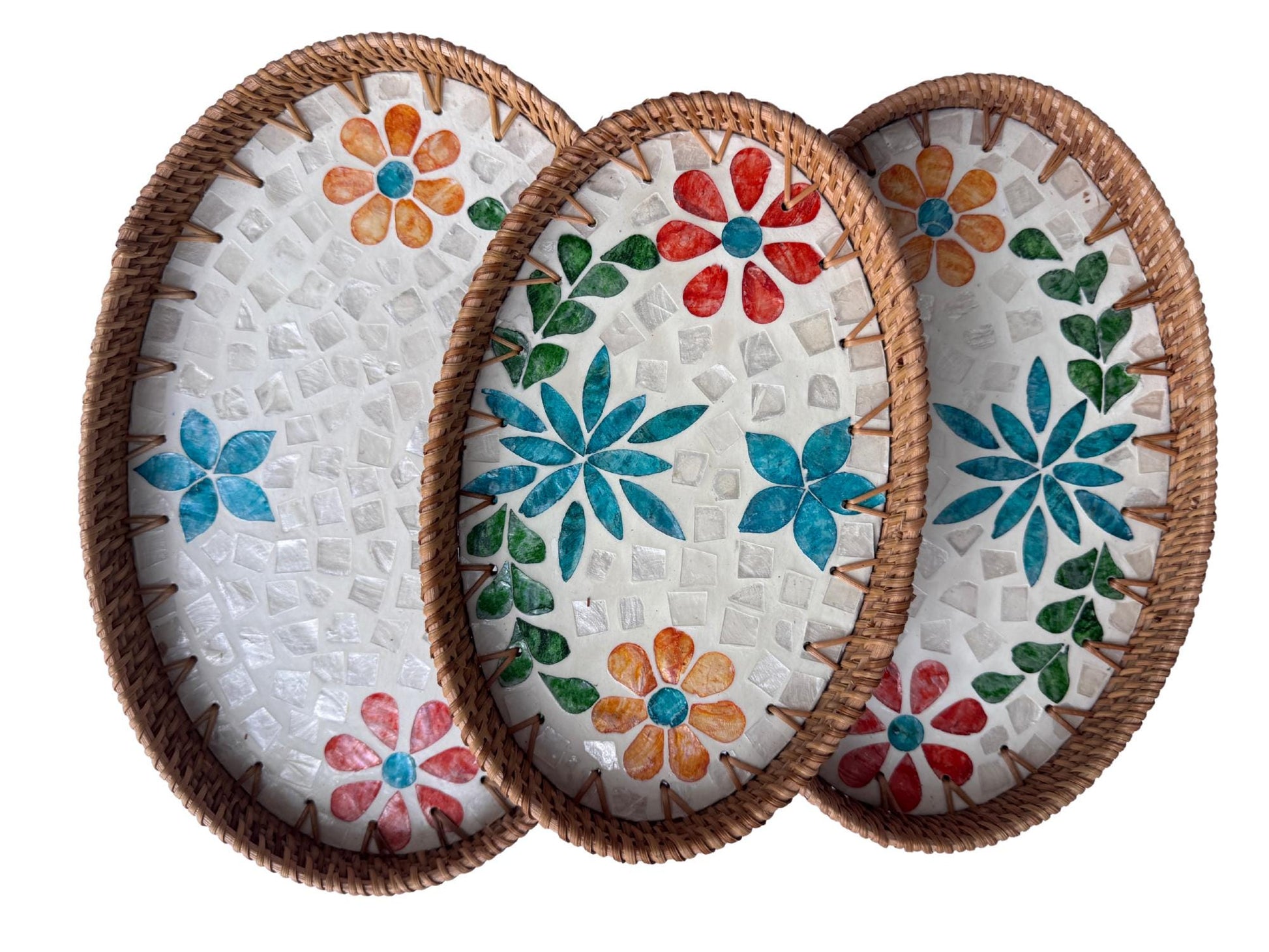 Oval Rattan Tray with Mother of Pearl Inlay - Boho Coffee Table, Ottoman Styling, Serving 100