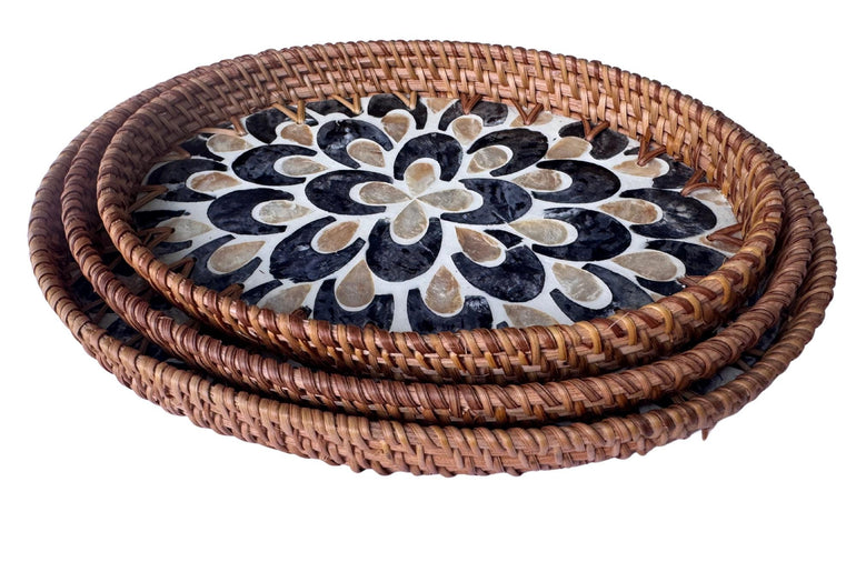 Oval Rattan Tray with Mother of Pearl Inlay - Boho Coffee Table, Ottoman Styling, Serving 103
