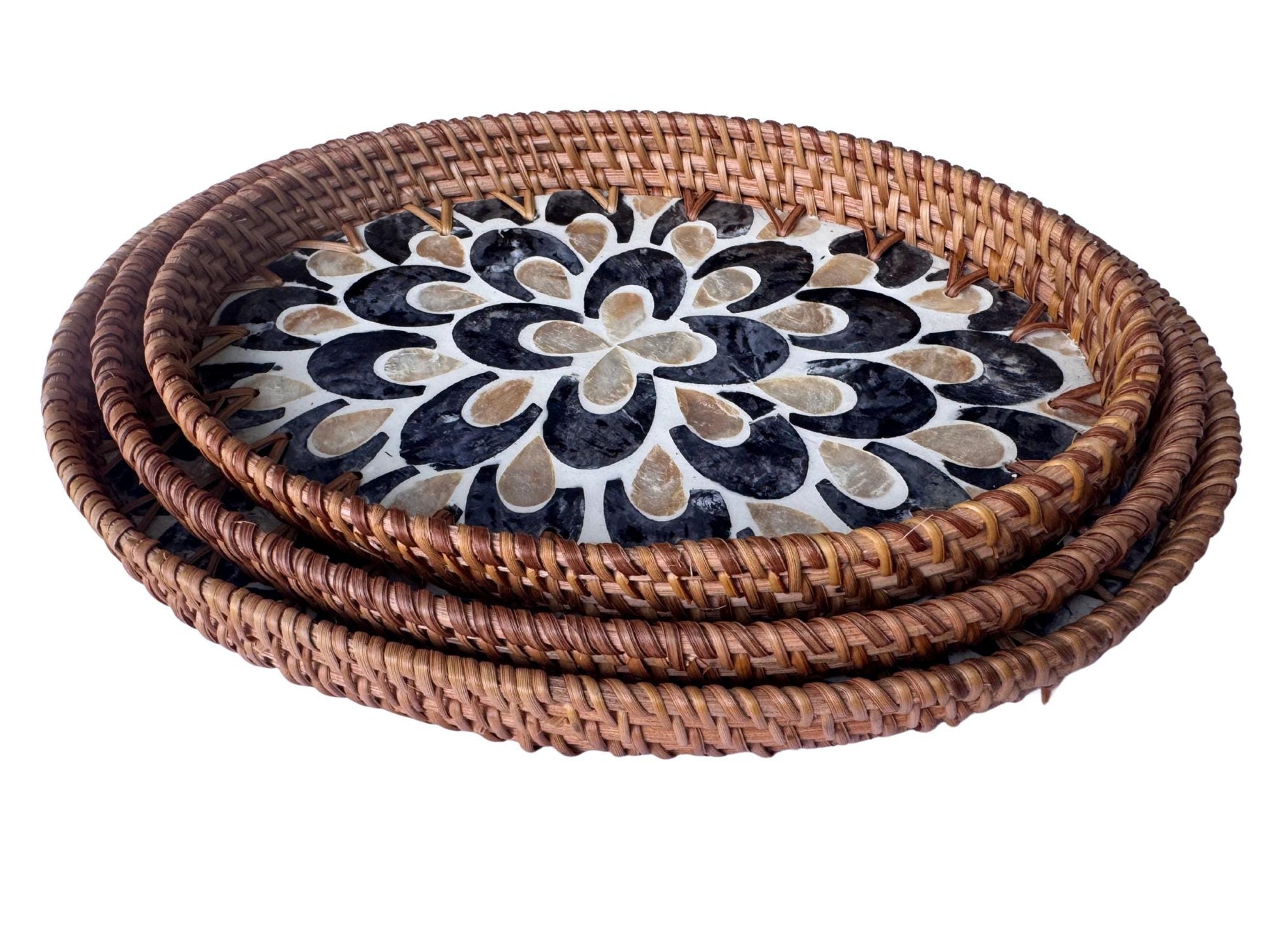 Oval Rattan Tray with Mother of Pearl Inlay - Boho Coffee Table, Ottoman Styling, Serving 103