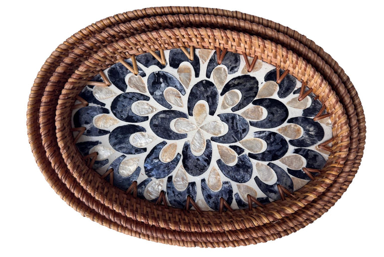 Oval Rattan Tray with Mother of Pearl Inlay - Boho Coffee Table, Ottoman Styling, Serving 103
