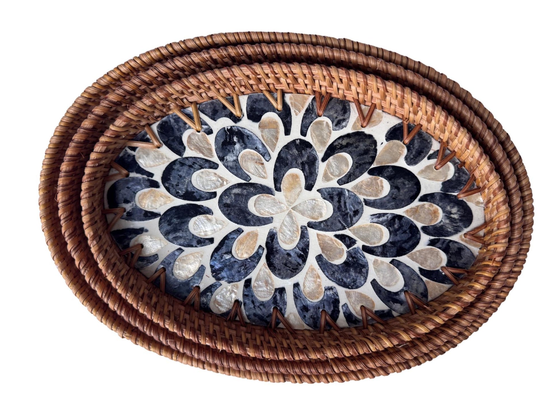 Oval Rattan Tray with Mother of Pearl Inlay - Boho Coffee Table, Ottoman Styling, Serving 103