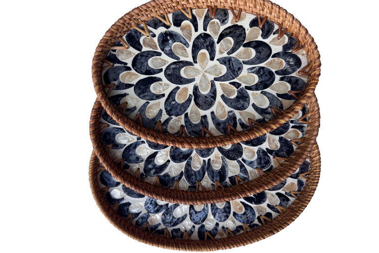 Oval Rattan Tray with Mother of Pearl Inlay - Boho Coffee Table, Ottoman Styling, Serving 103