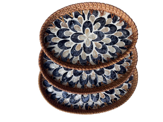 Oval Rattan Tray with Mother of Pearl Inlay - Boho Coffee Table, Ottoman Styling, Serving 103