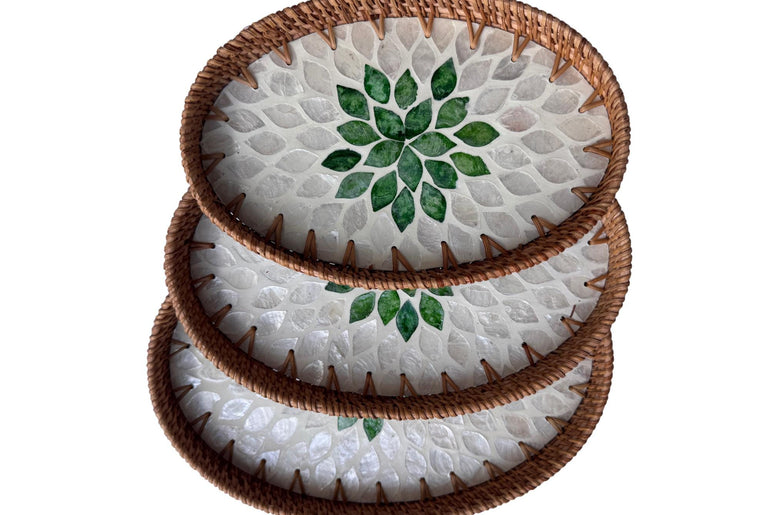 Oval Rattan Tray with Mother of Pearl Inlay - Boho Coffee Table Ottoman Styling, Handmade Vietnam 102
